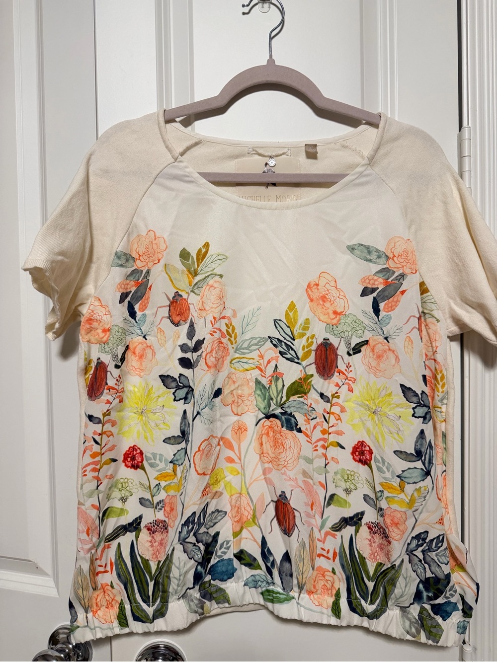 Anthropologie Knitted & Knotted by Michelle Morin Floral Beetle Print Top Sz L